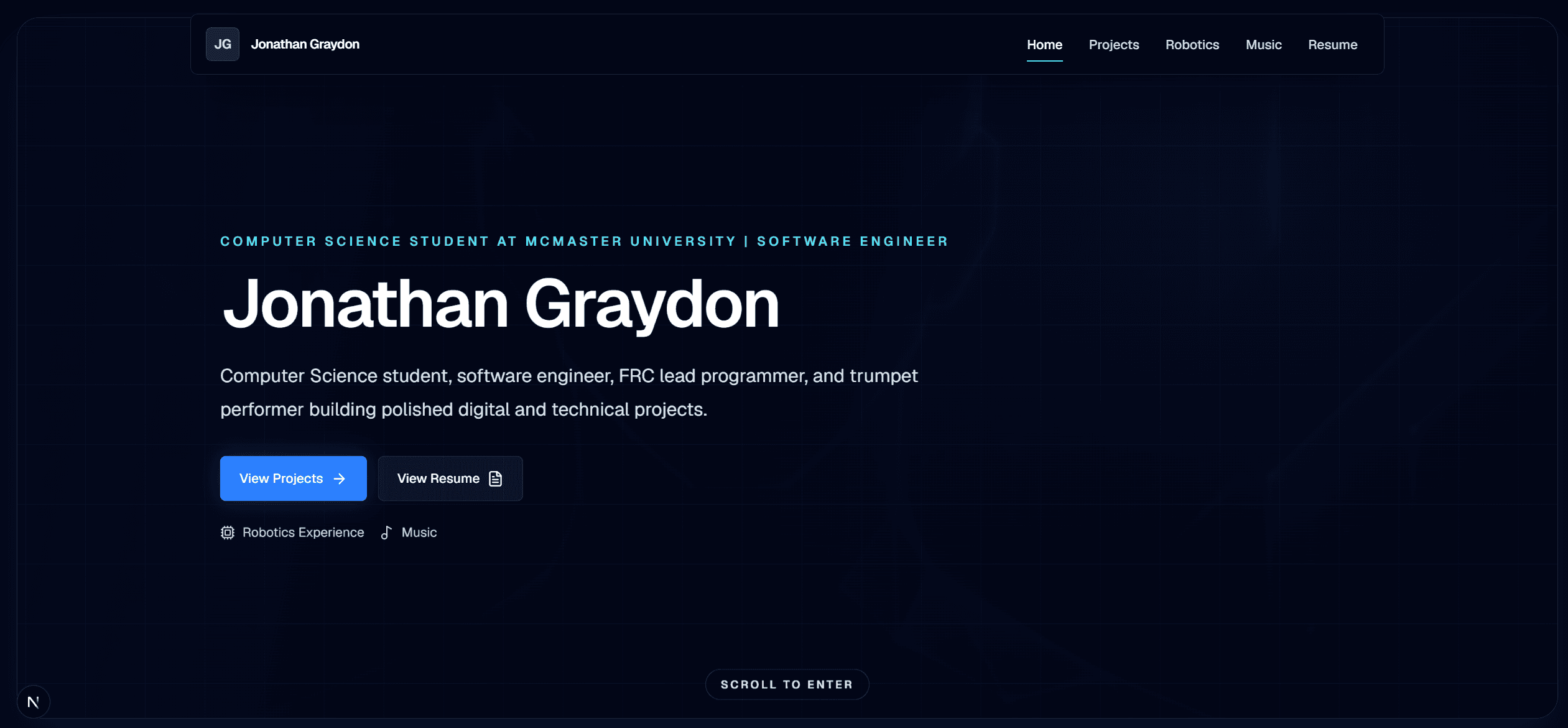 Screenshot of the Jonathan Graydon portfolio home page with navigation and hero content